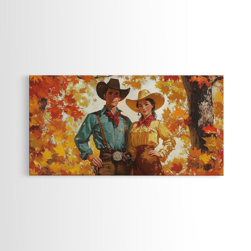 Autumn Cowboy In Forest Framed Canvas Print Western Cowboy Wall Art Fall Cowboy Gift Rustic Wall Decor Moody Landscape Above Sofa