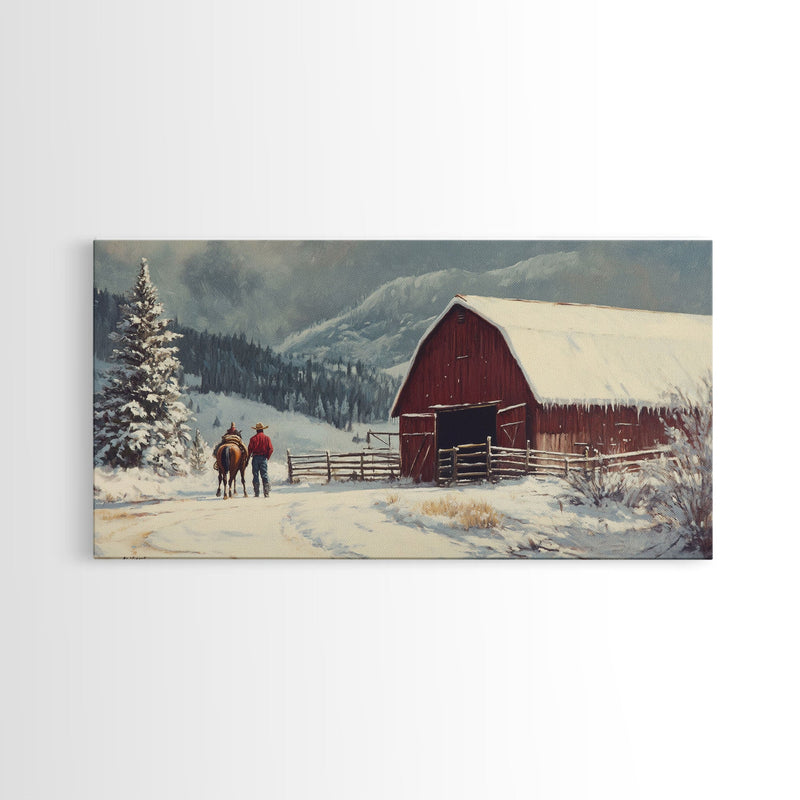 Winter On The Farm, Barn Painting, Framed Canvas Print, Primitive Farmhouse Decor, Christmas Decor, Winter Wonderland Rustic Winter Wall Art