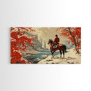 Cowboy resting by campfire under aspen trees with mountains in background, Framed Canvas Print, rustic wall art, warm western decor piece