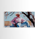 Autumn-themed portrait Framed Canvas Print of a woman in a cowboy hat holding a cup of coffee, surrounded by fall leaves, cozy fall decor