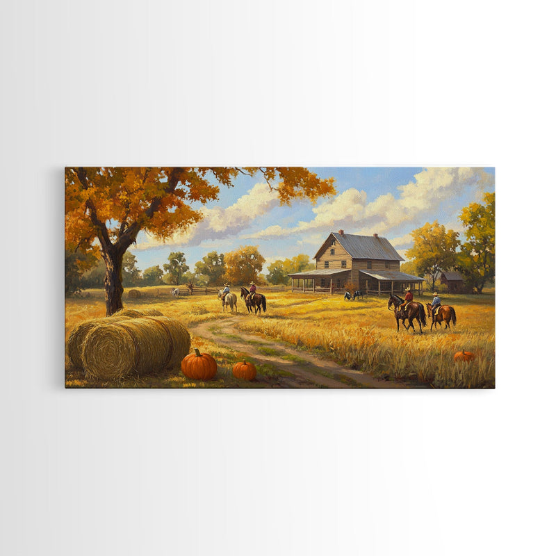 Autumn Ranch Framed Canvas Print Pumpkin Patch Rustic Art Country Home Decor Large Fall Wall Art Farmhouse Style Thanksgiving Decor