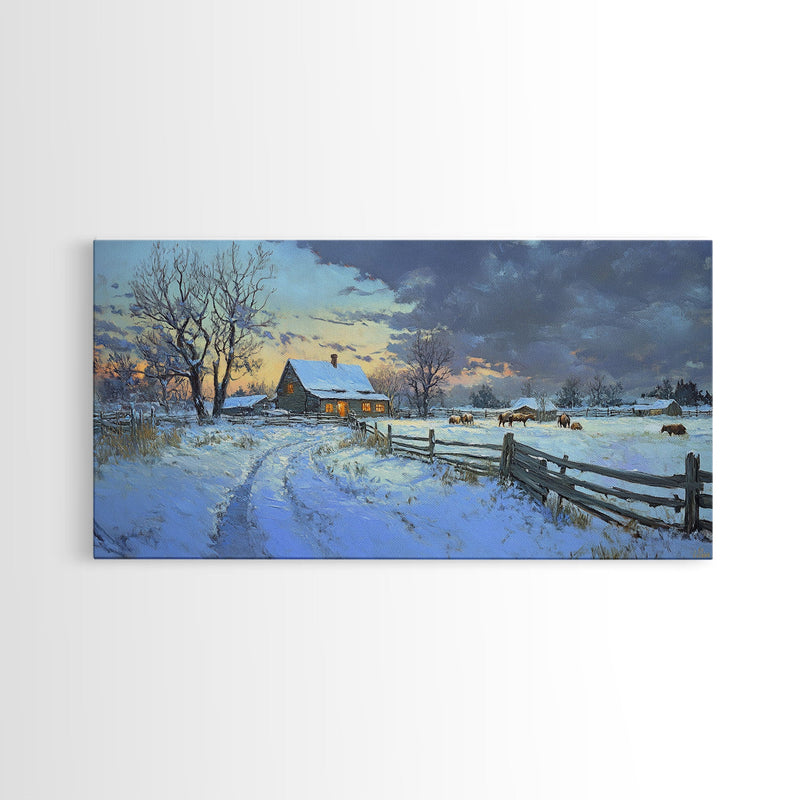 Beautiful Winter Snowy Farm Framed Canvas Print Rustic Christmas Decor, Christmas Wall Art and Holiday Art Prints, Gift Home Decor