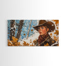 Western-inspired Framed Canvas Print of a woman on horseback in a snowy mountain landscape, holiday wall art and winter wonderland vibes