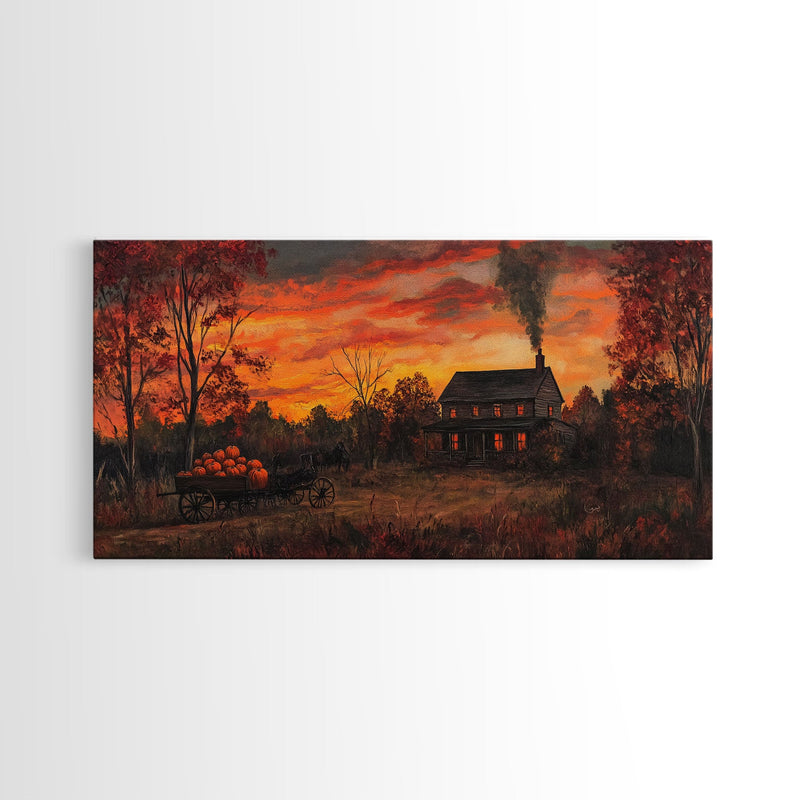 Autumn Sunset With Pumpkins And Horse Wagon, Cozy Fall Landscape Wall Art, Rustic Country Framed Canvas Print, Warm Autumn Home Decor