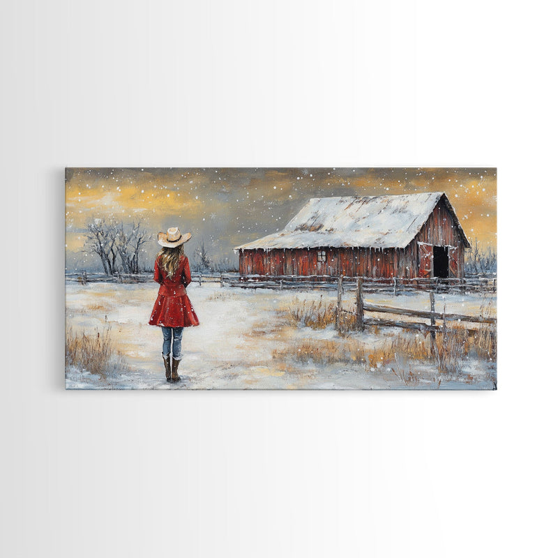 Barn Painting Framed Canvas Print, Cowgirl and her Barn, Rustic Farmhouse Decor, Winter Painting, Winter Wonderland, Farmhouse Wall Art