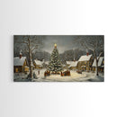 Large Christmas Tree In Snowy Village With Families, Winter Wonderland Holiday Wall Art, Framed Canvas Print, Rustic Christmas Decor