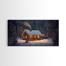 Cozy Cabin in Snow Framed Canvas Print, Winter Wonderland Scene Art, Rustic Christmas Decor, Holiday Wall Art, Seasonal Gift Idea