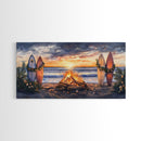 Surfboards With Christmas Garland By Bonfire At Sunset, Tropical Christmas Beach Wall Art, Coastal Holiday Framed Canvas Print
