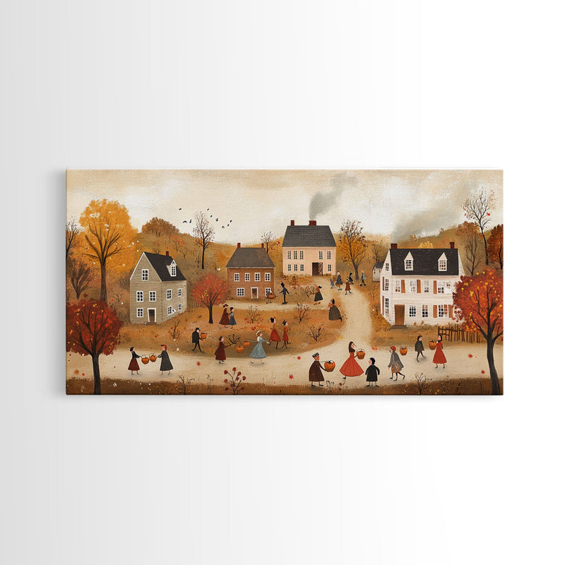 Autumn Harvest Village Scene Framed Canvas Print - Cozy Fall Decor and Seasonal Wall Art with Country Charm and Autumn Ambiance