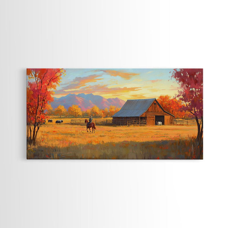 Autumn Cowboy Farm Framed Canvas Print, Cozy Fall Farmhouse Wall Art, Country Western Landscape Decor, Best Gift Seasonal Wall Art