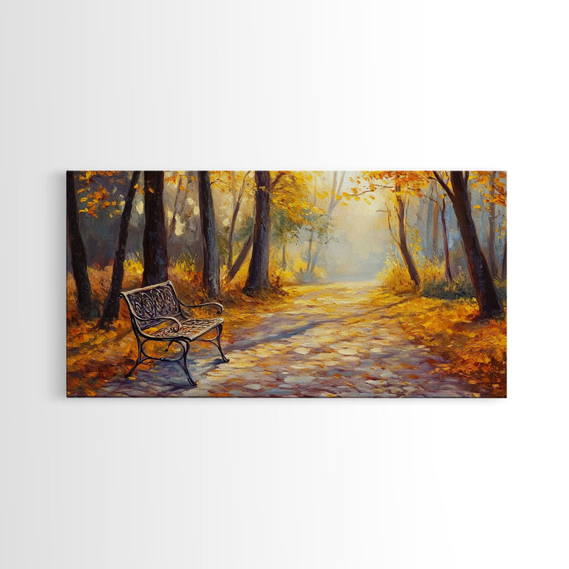 Autumn Path Bench Framed Canvas Print, Serene Fall Landscape Wall Art, Cozy Farmhouse Decor, Seasonal Wall Art Gift Idea