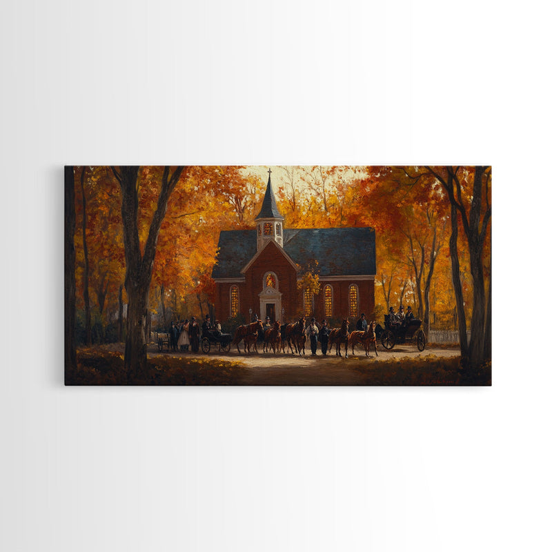 Beautiful Country Church in Autumn Scene Framed Canvas Print Fall Art, Rustic Autumn Church Scene, Vintage Wall Art Home Decor