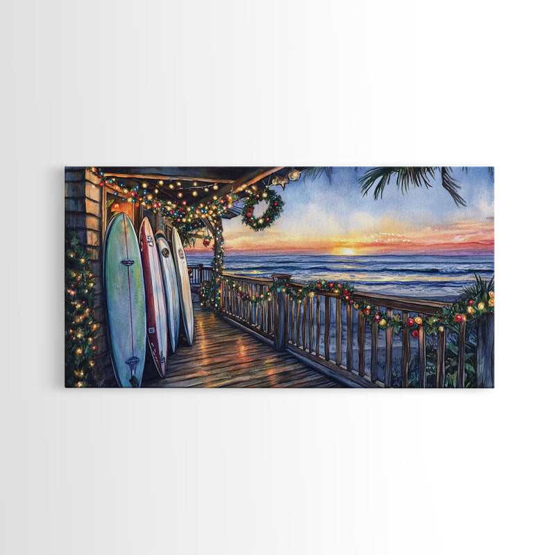 Beachfront porch with surfboards and Christmas lights, Framed Canvas Print with wreaths festive lights, coastal holiday wall art and decor