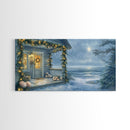 Rustic snowy mountain cabin with Christmas lights, Framed Canvas Print a cozy winter scene, perfect for winter wonderland wall decor