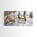 Snowy porch scene with wreaths and holiday greenery, framed canvas print, cozy winter Christmas decor perfect holiday wall display