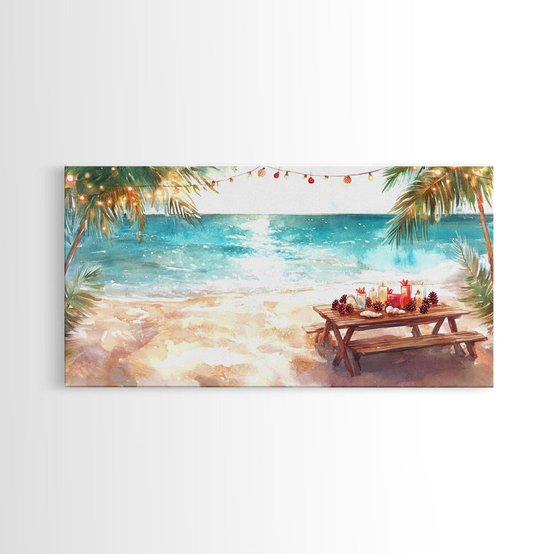 Beach Christmas decor picnic setup with palm trees and lights, framed canvas print showcasing tropical coastal holiday art decor