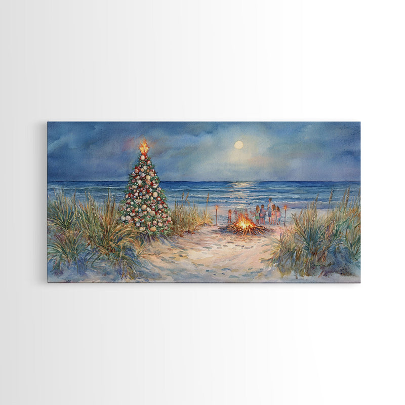 Beach Christmas family gathering by the ocean and bonfire, framed canvas print featuring tropical holiday decor wall art