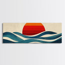 Retro Art Deco Sunset over The Ocean, Framed Canvas Print, Vector Image Style Artwork, Wood Frame, Boho / Eclectic Home Decor, Minimalist Decor