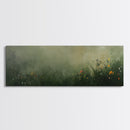 Fog Over The Wild Flowers Framed Canvas Print, Moody Muted Decor, Panoramic Painting Wall Art, Living Room Decor