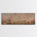 Wild Flowers On a Grey Background, Framed Canvas Print, Panoramic Oil Painting Print, Boho Farmhouse Decor, Modern Rustic Primitive Decor