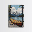 Canoe in the Mountains Framed Canvas Print, Abstract Pacific Northwest Oil Painting Print, Oregon or Washington Wall Art