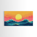 Synthwave Sunset Over Ocean Waves, Framed Canvas Print, Retro 80s Inspired Home Decor Wall Art