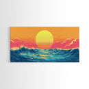 Retro Sunset Over The Ocean, Framed Canvas Print, Beautiful Synthwave Horizontal Wall Art