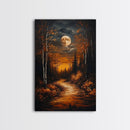 Full Moon Over The Haunted Forest, Framed Canvas Print, Wood Framed Wall Art, Dark Academia Witchy Decor, Moody Home Decor