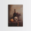 Still Life of a Skull and Wine Framed Canvas Print, Oil Painting Print, Gothic Decor, Dark Academia Macabre Halloween Wall Art, Witchy Decor