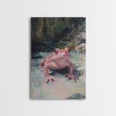 Painting of a Pink Frog, Framed Canvas Print, Wood Framed Wall Art, Home Decor, Preppy Pink Frog Wall Art, Dark Academia Decor