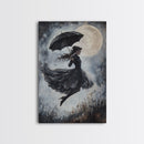 Witch Flying with an Umbrella, Framed Canvas Print, Witchy Decor, Halloween Wall Art, Goth Art, Dark Academia
