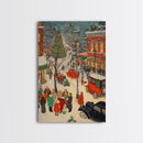 Christmas Village Home Decor - Framed Canvas Print - Retro Christmas Village Painting - Christmas Shoppers Painting - Retro Christmas Decor