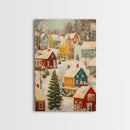 Retro Christmas Village Wall Art For Above Mantle, Framed Canvas Print, Christmas Home Decor, Christmas Wall Art, Christmas Postcard Art