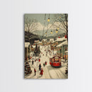 Vintage Christmas Trolley Painting Print, Framed Canvas Art, Christmas Village Wall Art