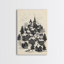 Black and White Sketch of A Christmas Village Canvas Print - Framed Canvas - Minimalist Christmas Art - Boho Christmas Art - Rustic Christmas Art