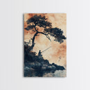 Japanese Fisherman Under a Bonzai Tree, Wabi Sabi Minimalist Decoe, Framed Canvas Print, Fishing Art, Fisherman Gift