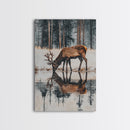 Elk Drinking Water Oil Painting Print, Framed Canvas, Deer Drinking Water In Forest Painting, Nature Decor, Cabin Wall Art, Winter Wall Art