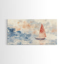 Sailboat sails at Dawn Framed Canvas Print - Nautical Decor - Coastal Decor - Neutral Seascapes Painting - Modern Wall Art