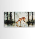 Rustic Farmhouse or Cabin Wall Art Painting of a Deer Drinking Water In The Forest, Minimalist Farmhouse Decor, Framed Canvas Print