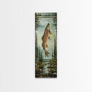 Trout In Mountain Scene Framed Canvas Print Rustic Landscape Art Fly Fishing Wall Art Skinny Wall Art Tall Vertical Decor