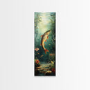 Underwater Trout Scene Canvas Print Rustic Wall Art Fly Fishing Art Wildflower Painting Skinny Art Vertical Rustic Decor