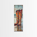 Rustic Cowboy Boots Canvas Print, Coastal Cowgirl Wall Art, Farmhouse Rustic Decor, Western Style Vertical Skinny Artwork