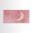 Golden Crescent Moon Canvas Print, Light Pink Wall Art, Whimsical Celestial Art, Bedroom or Dorm Decor, Christmas Gift Idea