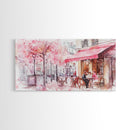 Parisian Café Scene Framed Canvas Print, Cherry Blossom Painting, European Street Art, Romantic Wall Art, Living Room Decor