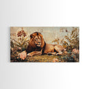 Regal Lion in Wildflowers Framed Canvas Print, Safari Wildlife Painting, African Rustic Wall Art, Boho Nature Decor, Animal Kingdom Art