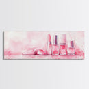 Makeup Art Canvas Print Featuring Lipstick and Nail Polish, Pink Abstract Wall Art for Bedroom or Bathroom Decor, Feminine Gift