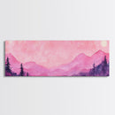 Mountain Landscape Art Framed Canvas Print in Light Pink Hues with Starry Sky, Bedroom or Living Room Artwork, Rustic Decor Painting