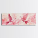 White Doves in Flight Artwork, Framed Canvas Print, Angelic Light Pink Wall Art, Whimsical Bedroom Decor, Feminine Spring Style