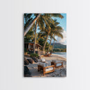 Vibrant Palm Tree Beach Framed Canvas Print – Coastal Decor Wall Art, Hawaiian Landscape Painting, Tropical Nautical Wall Art