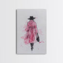 Woman in Coat Framed Canvas Print Light Pink Wall Art Moody Minimalist Fashion Illustration Rustic Aesthetic Unique Gift Idea